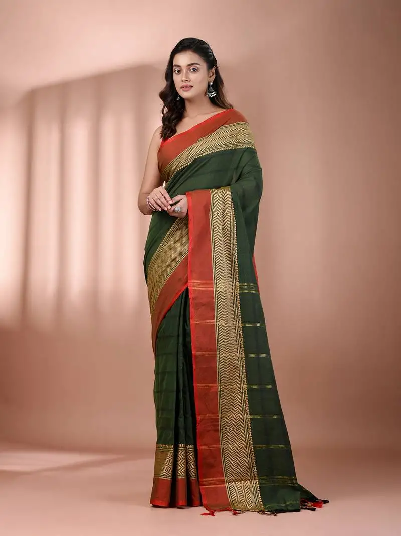 Green cotton handspun soft saree with texture borders
