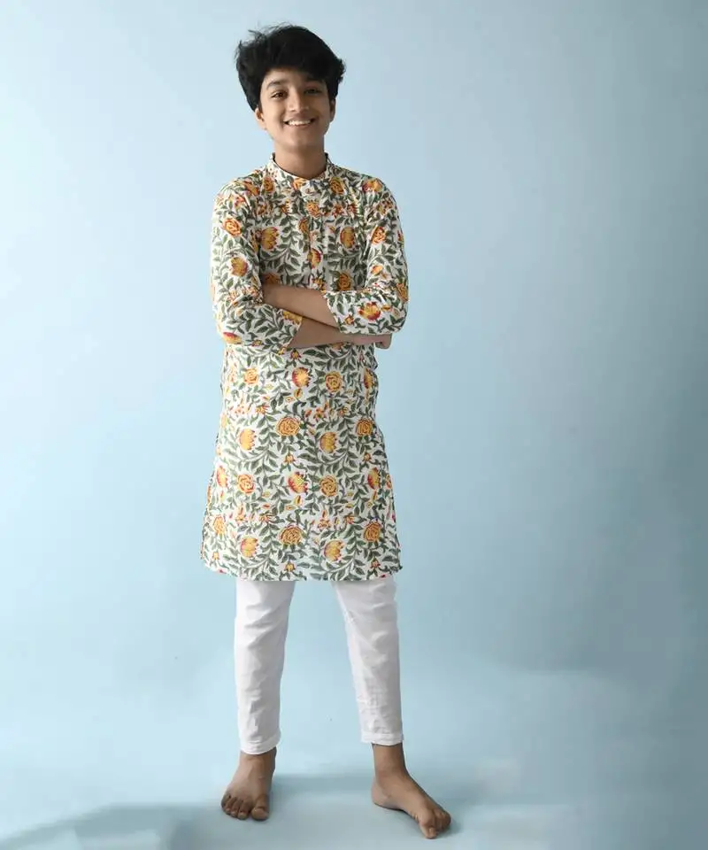 Green cotton woven boys kurta pyjama