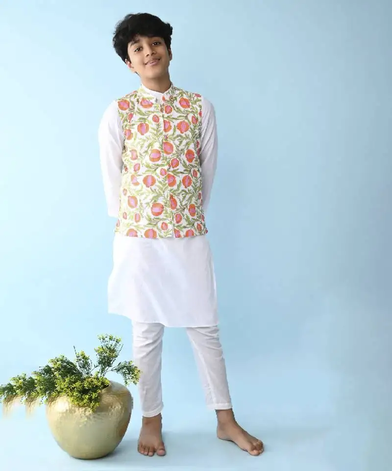 Multicolor woven cotton boys kurta pajama with vest