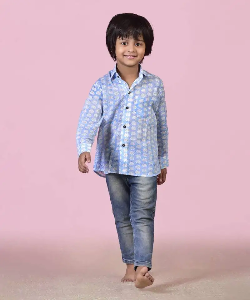 Blue cotton woven boys shirt