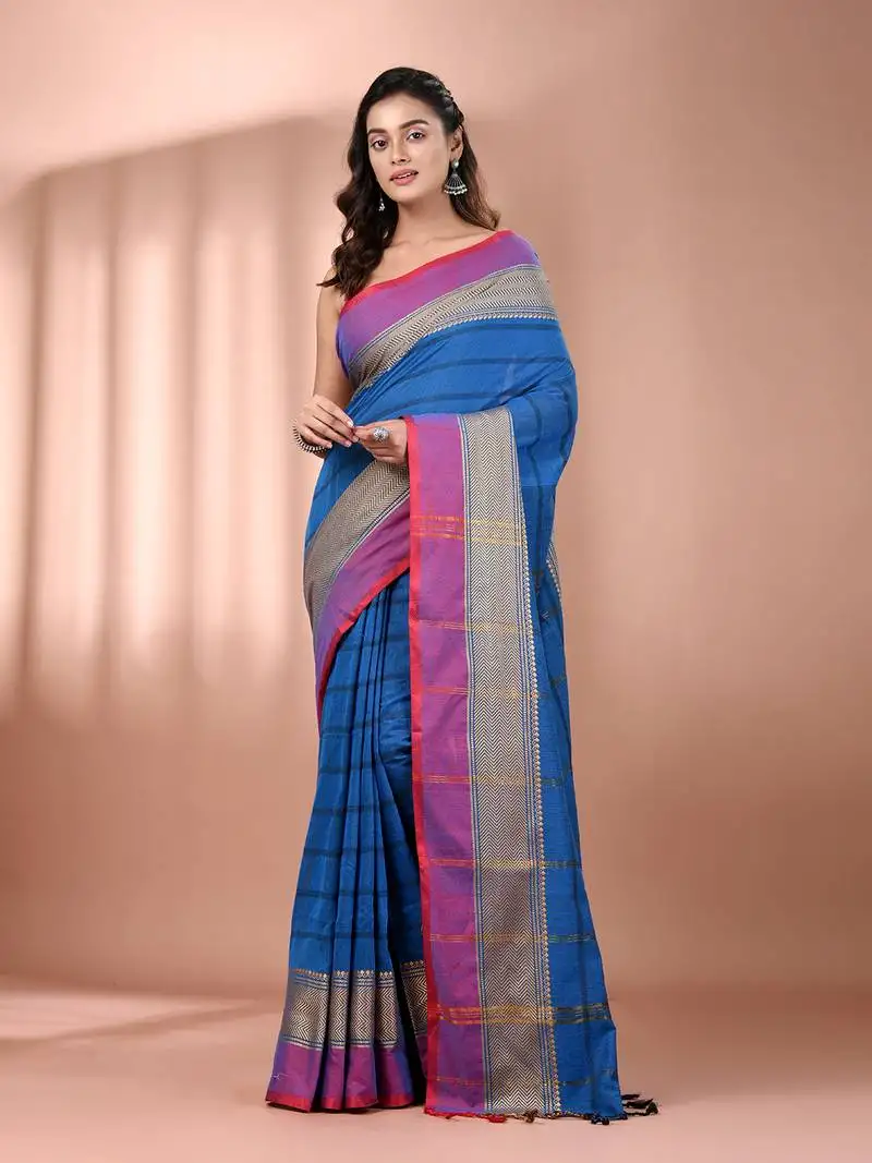Cobalt blue cotton handspun soft saree with texture borders
