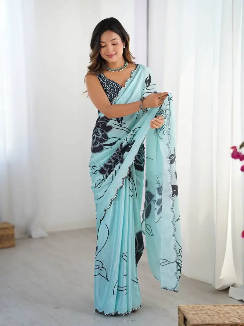 Sea green chinon printed saree