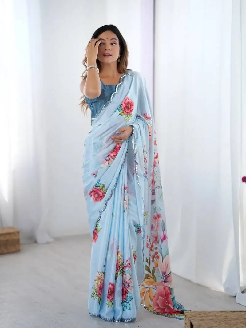 Blue digital printed chinon saree