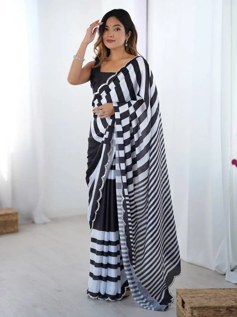 Black digital printed chinon saree