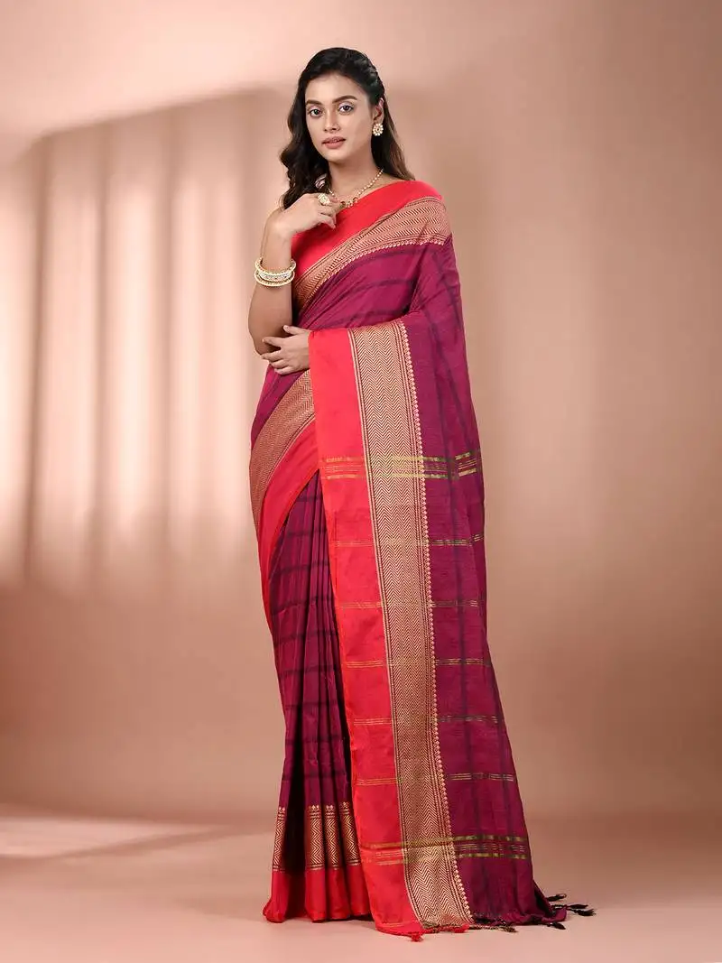 Magenta cotton handspun soft saree with texture borders