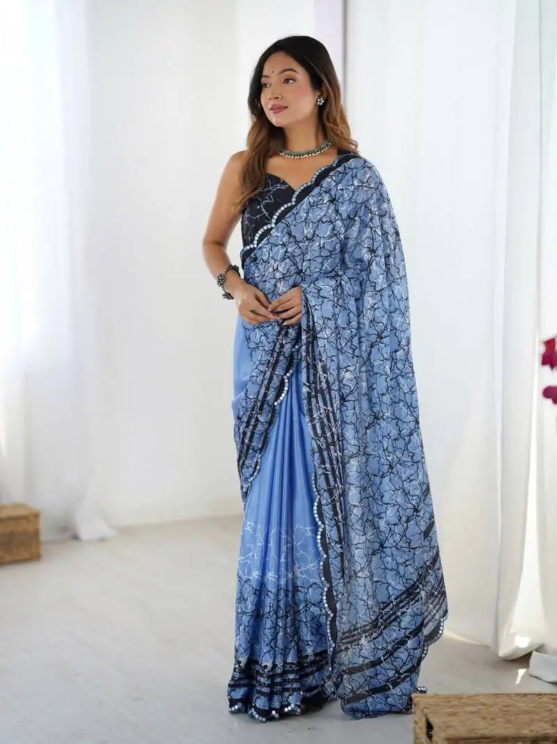Blue digital printed saree with cut border