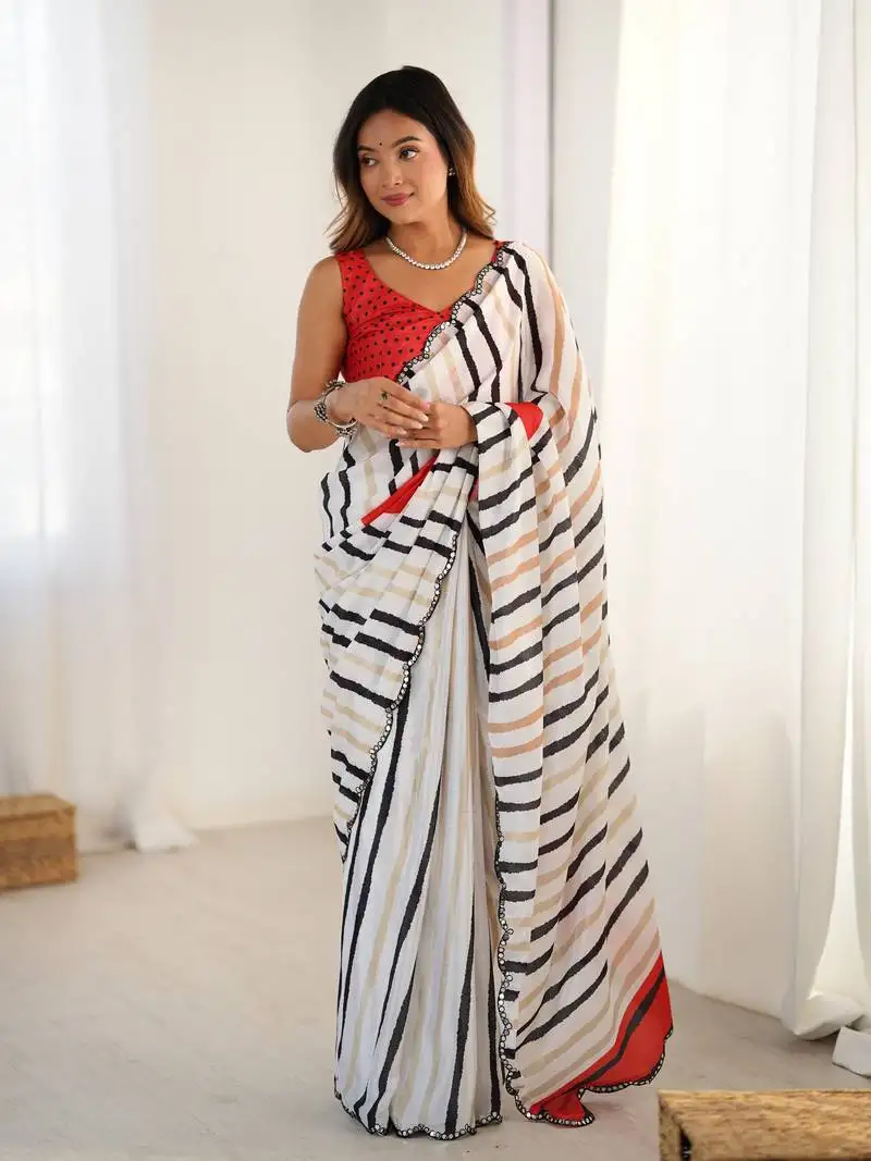White digital printed saree with cut border