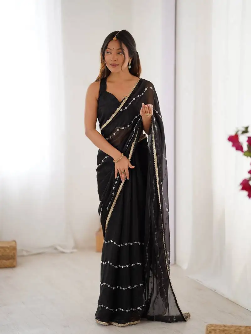 Black beads sequin work chiffon saree
