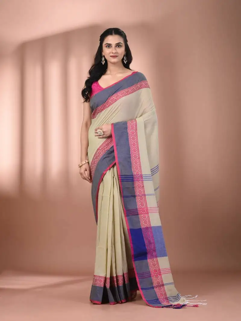 Ecru cotton handspun soft saree with texture borders