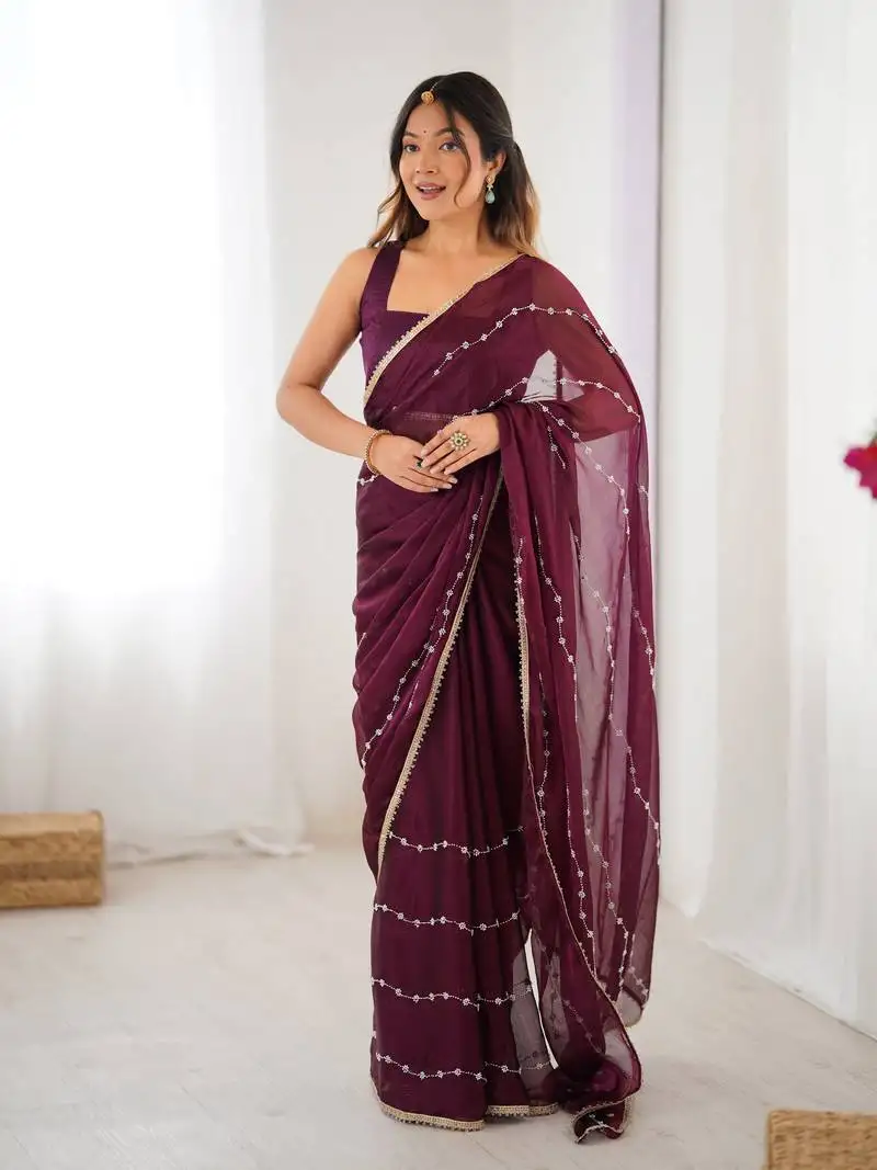 Wine beads sequin work chiffon saree