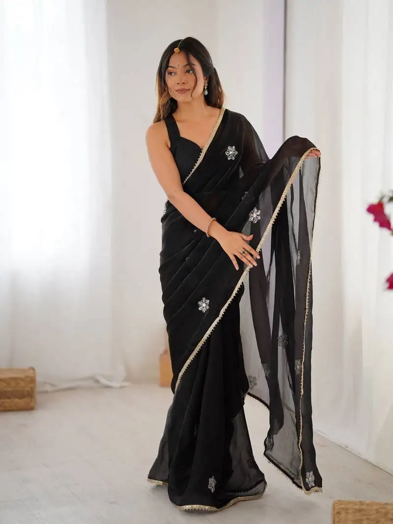 Black beads and sequin work saree