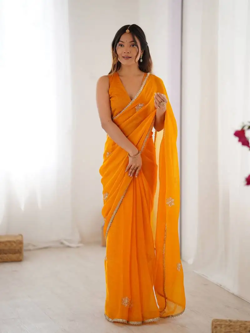 Yellow beads and sequin work saree