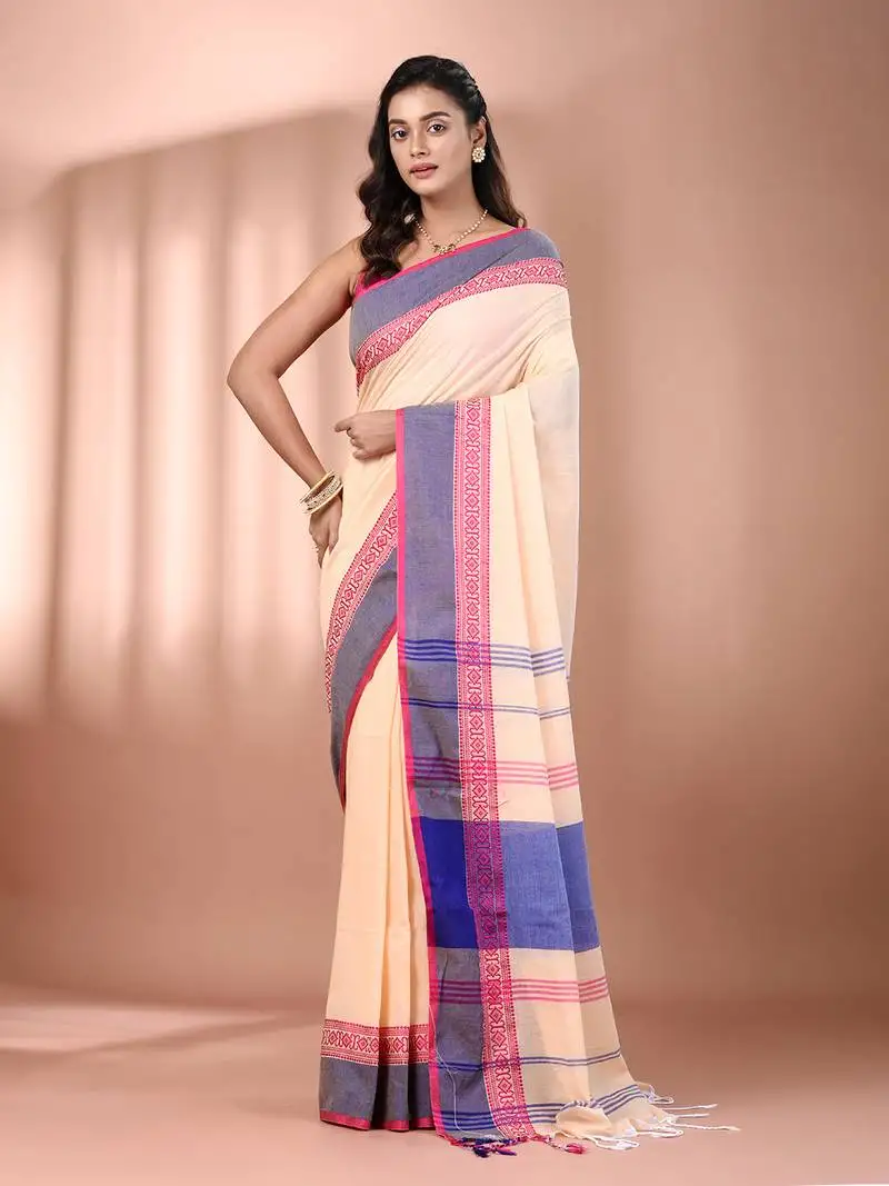 Beige cotton handspun soft saree with texture borders