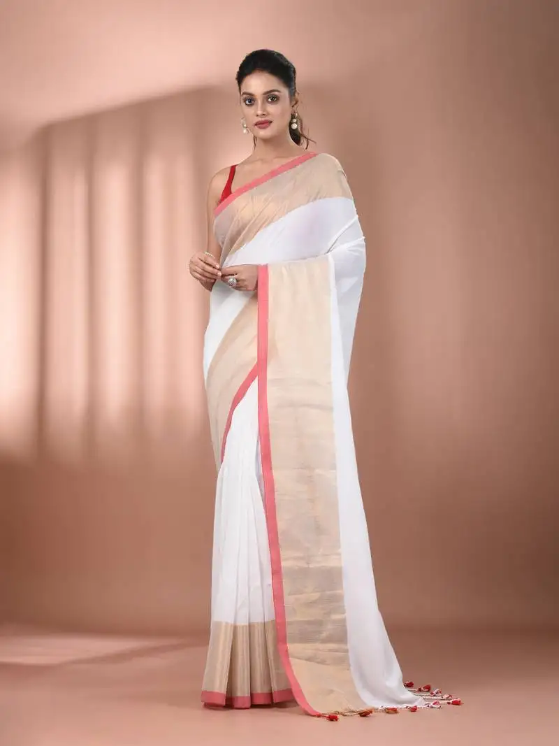 White cotton handspun soft saree with zari borders