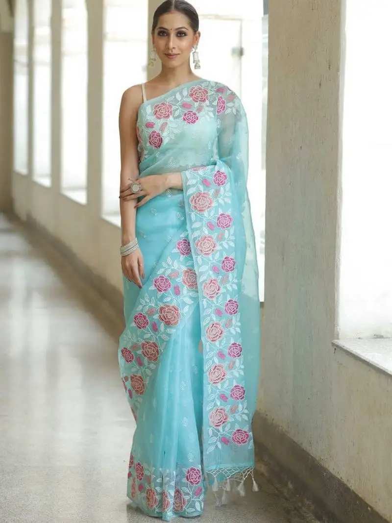 Sky blue organza embroidered saree