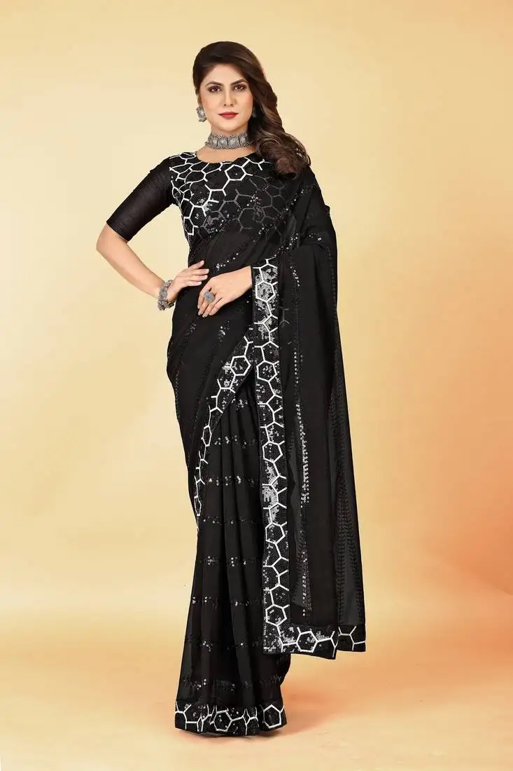 Black georgette sequins embroidery work saree