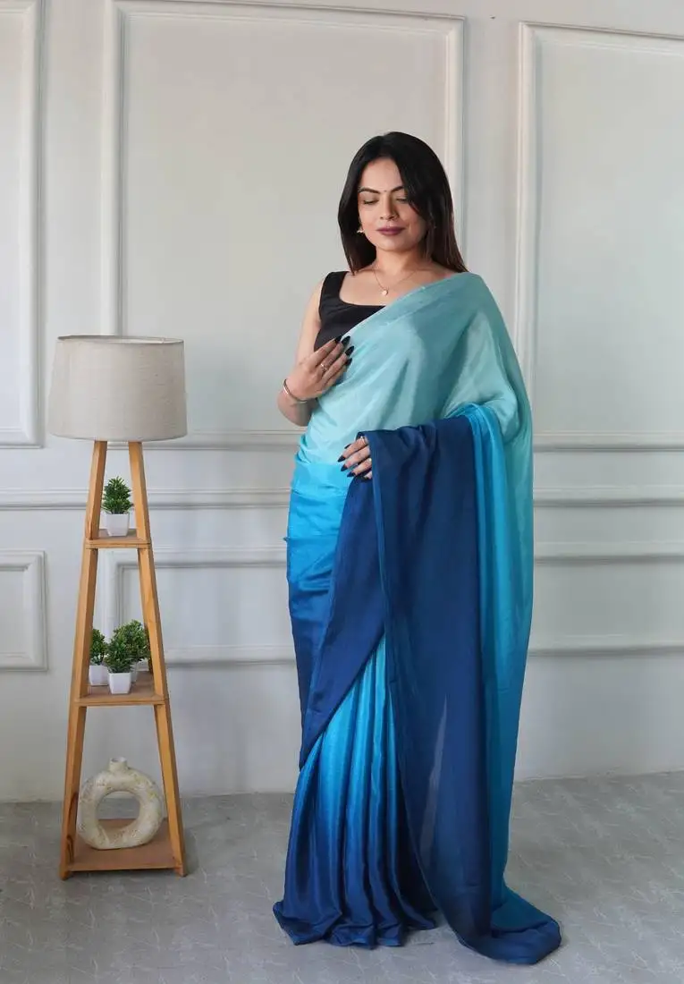 Blue chinon solid ready to wear saree