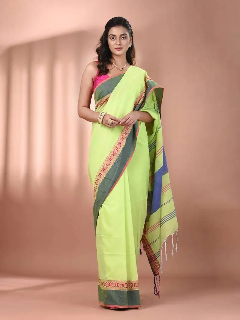 Light green cotton handspun soft saree with texture borders