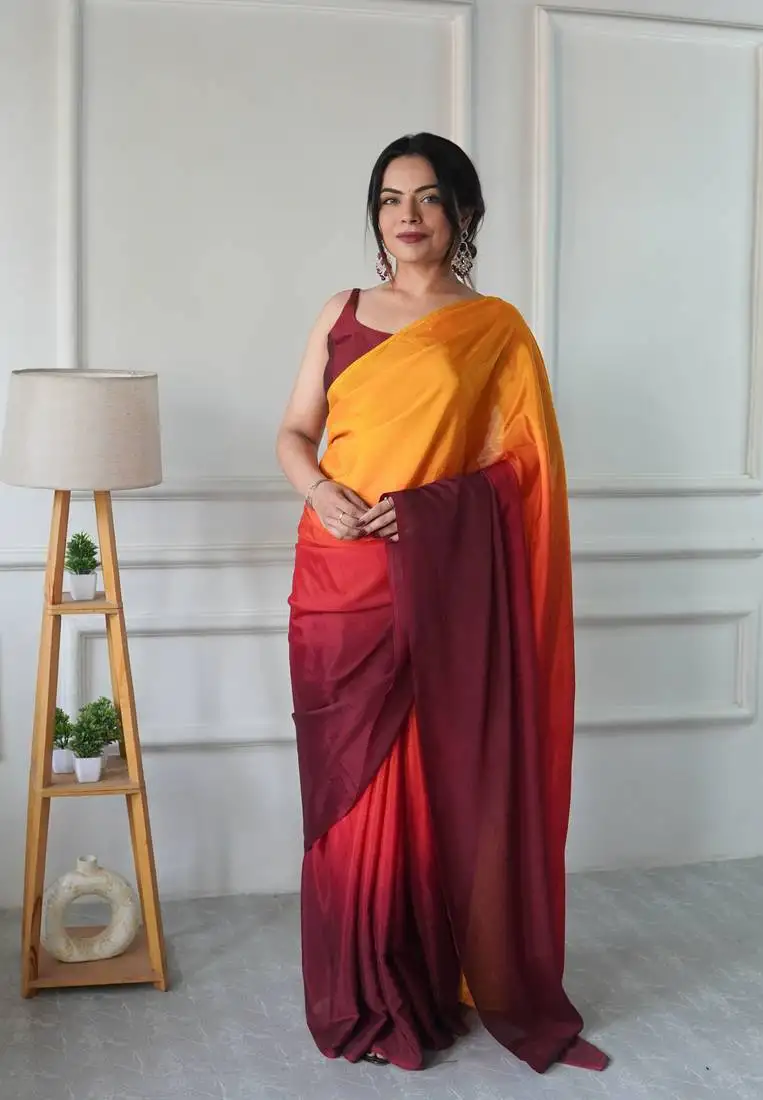 Yellow chinon solid ready to wear saree