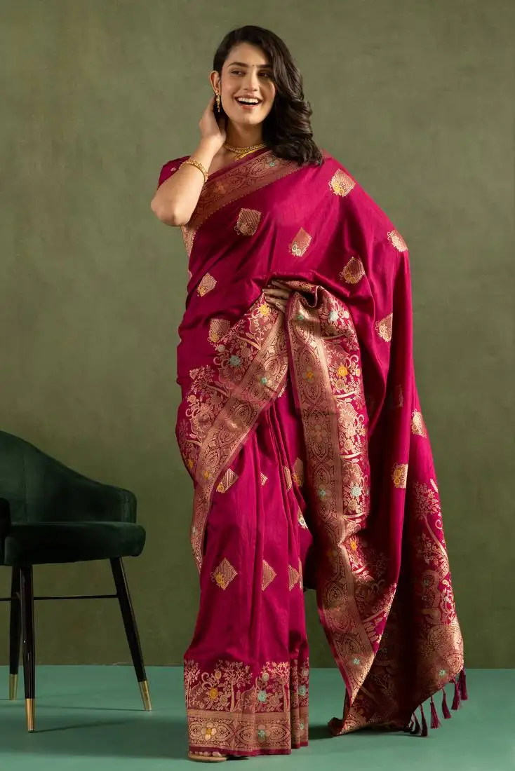 Wine dola silk blend zari woven saree