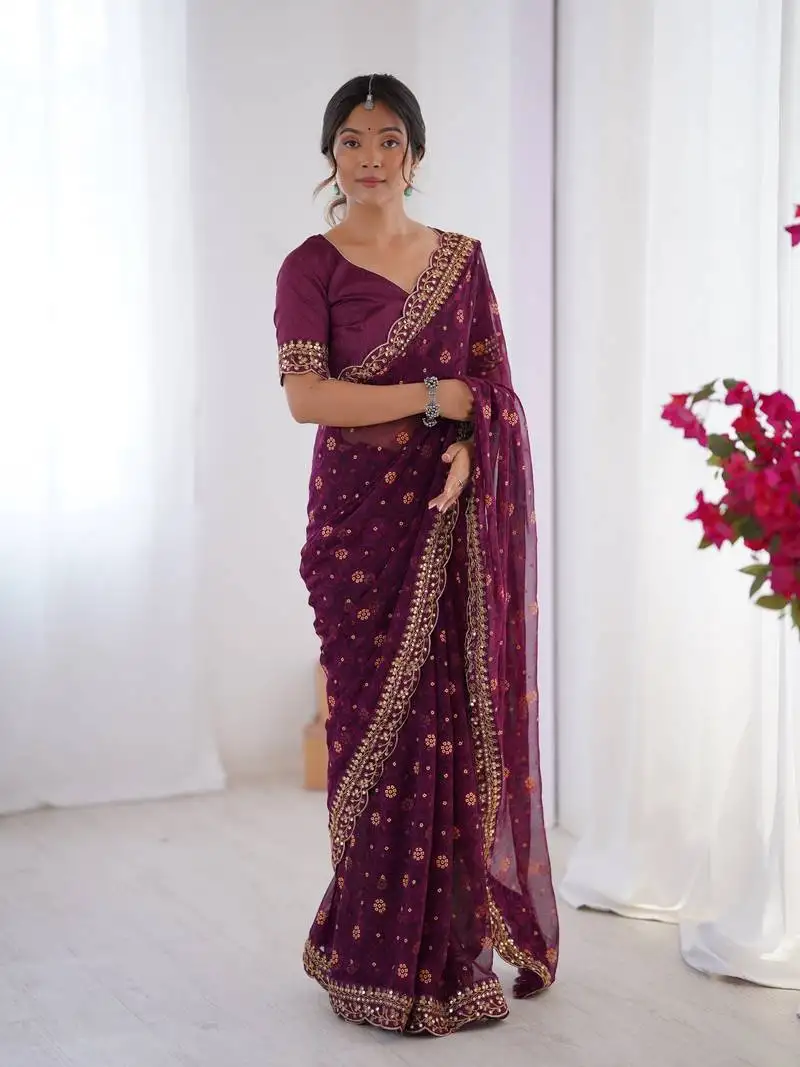 Wine embroidery lace work georgette printed saree