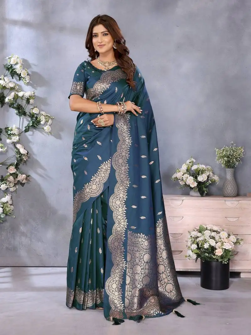 Teal blue banarasi silk blend jacquard weaving saree