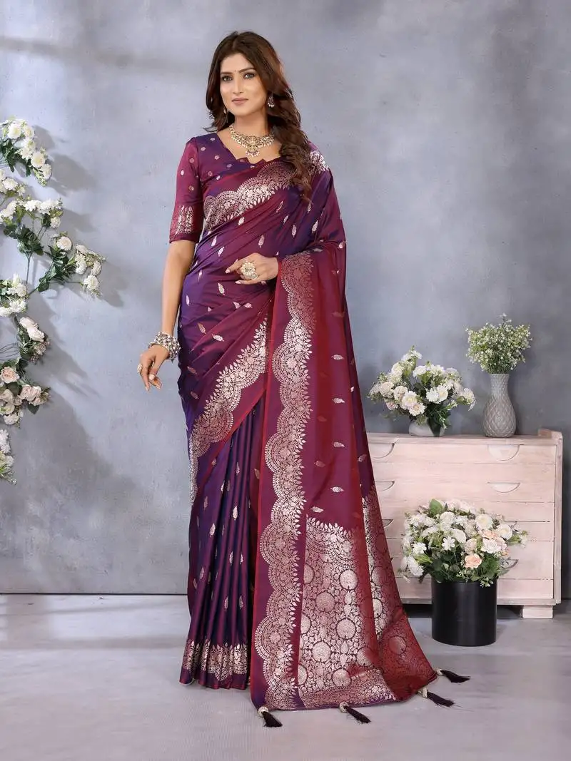 Wine banarasi silk blend jacquard weaving saree