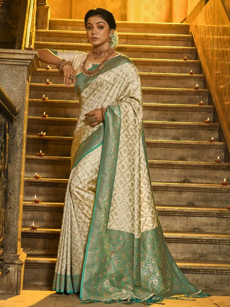 Sea green banarasi silk blend jacquard woven saree