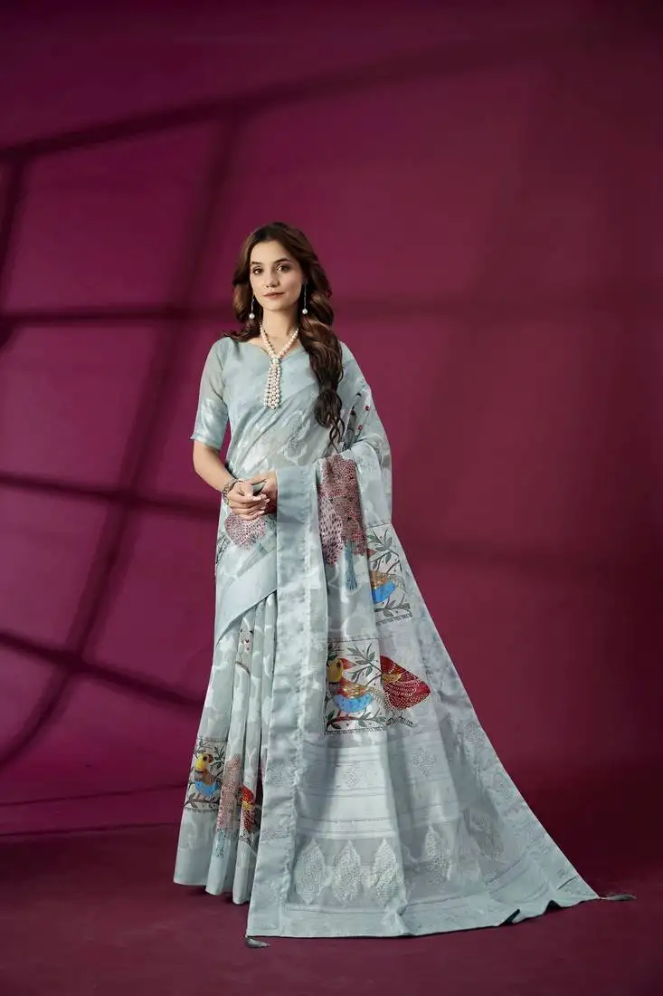 Sky blue silk blend printed jacquard saree