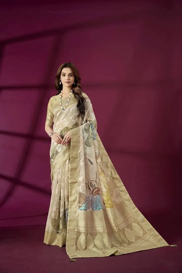 Beige silk blend printed jacquard saree