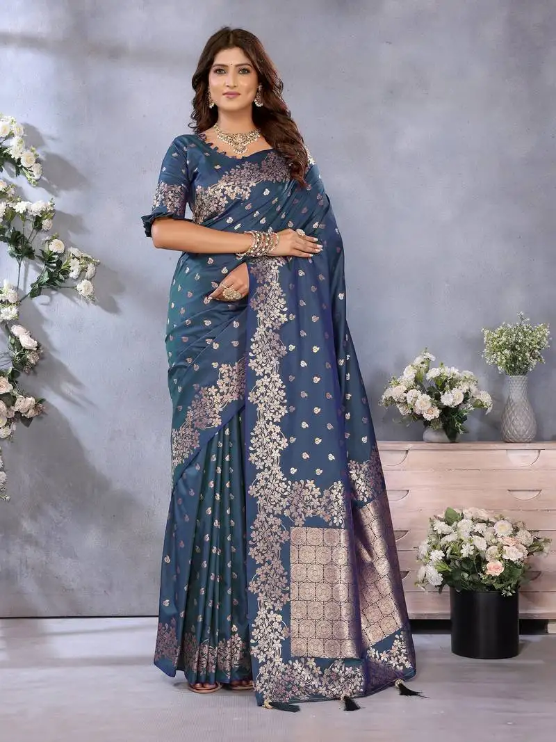 Teal banarasi silk blend jacquard weaving saree