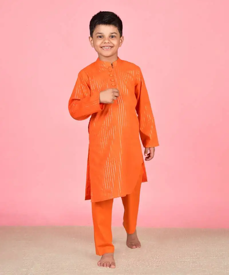 Orange cotton woven boys kurta pyjama
