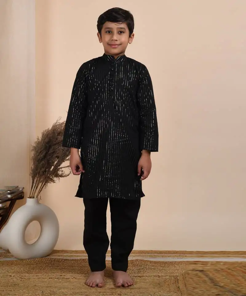 Black cotton woven boys kurta pyjama
