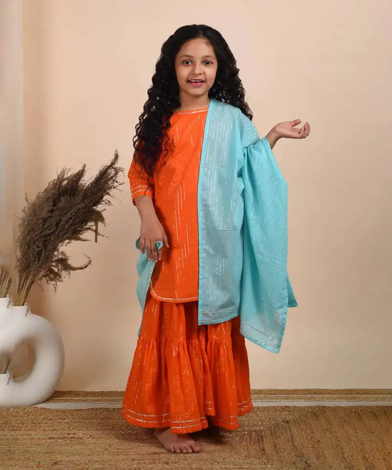 Orange cotton woven kurta sharara with dupatta