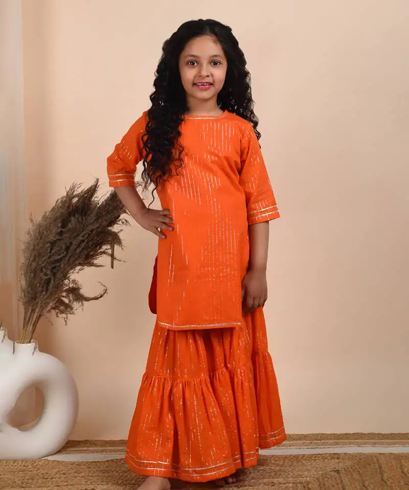 Orange cotton woven kurta and sharara