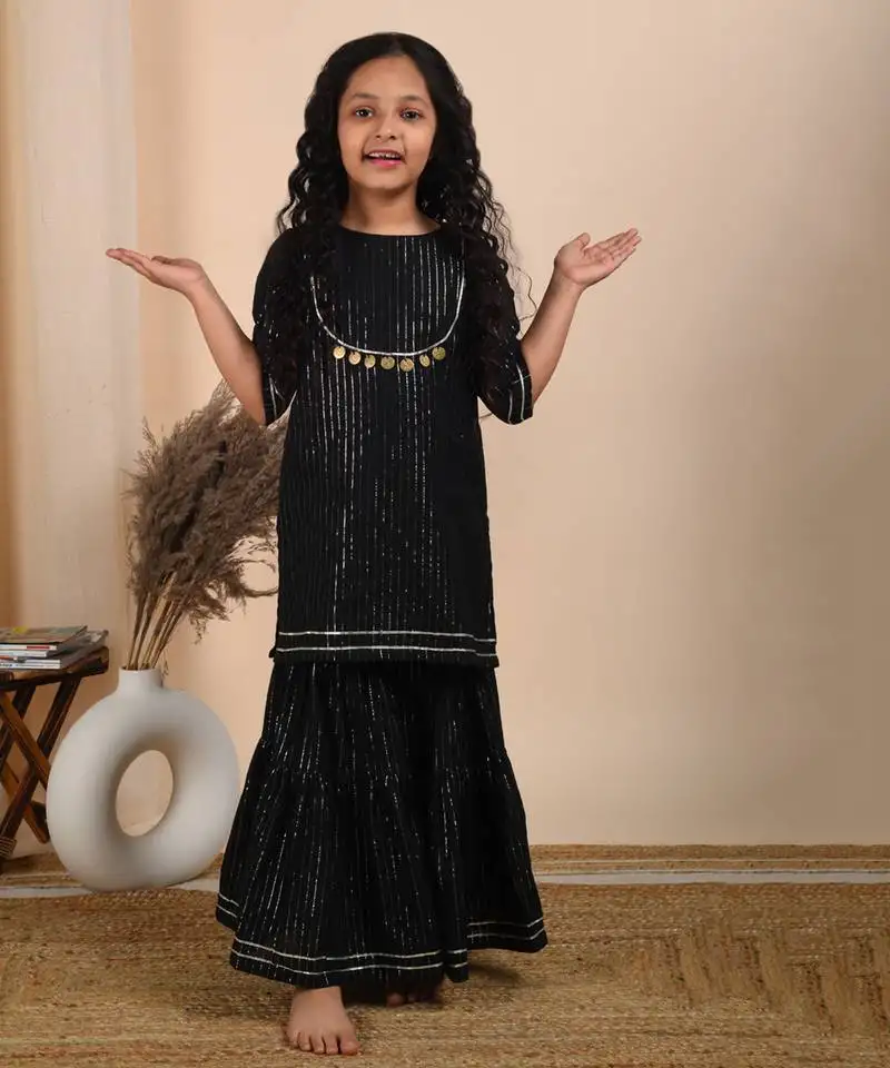 Black cotton woven kurta and sharara