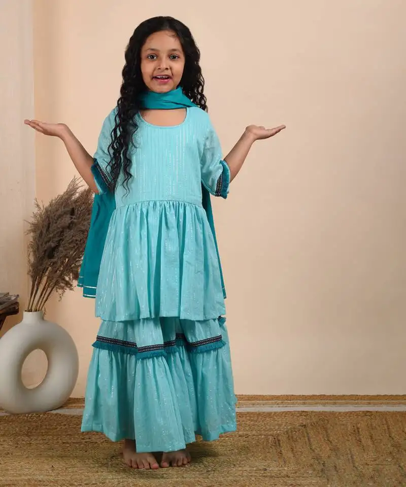 Blue cotton woven kurta sharara with dupatta