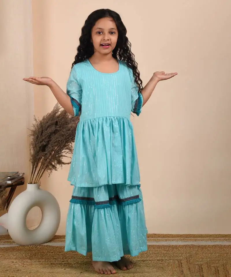 Blue cotton woven kurta and sharara