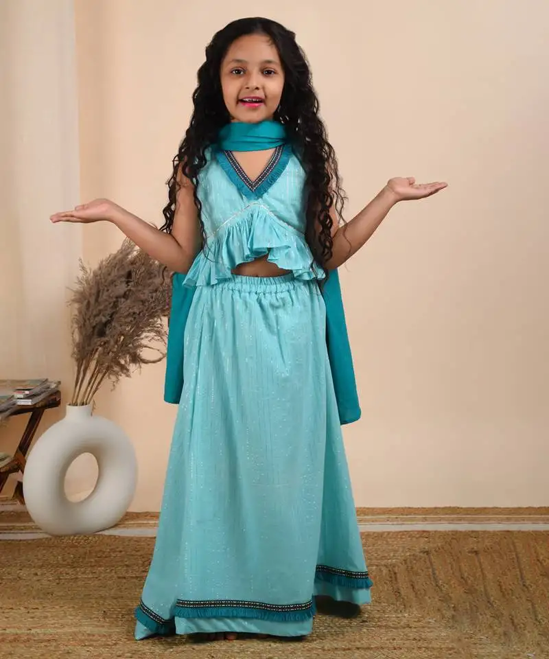 Blue cotton woven lehenga top with dppatta