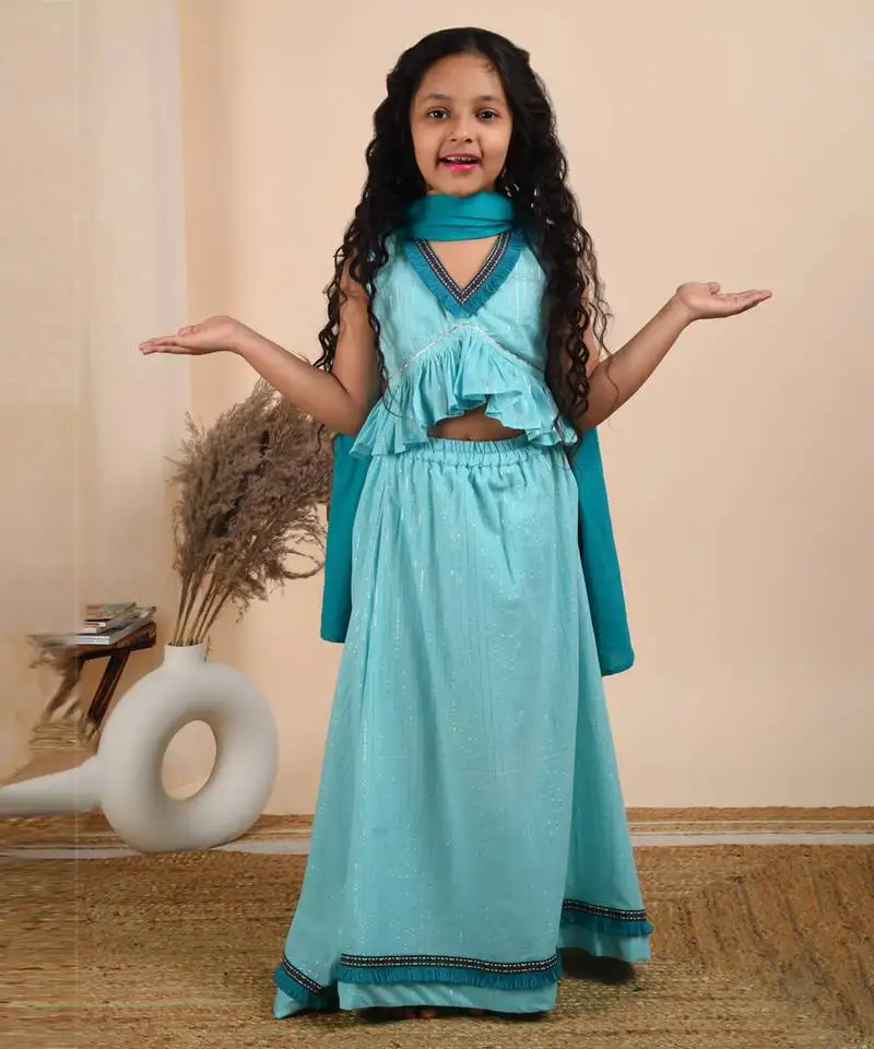 Blue cotton woven lehenga with top