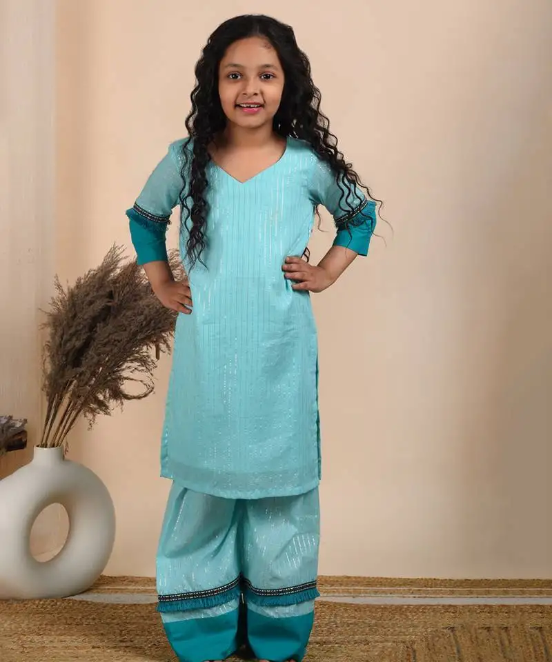 Blue cotton woven kurta paired with palazzo