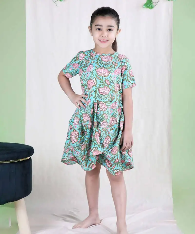 Green cotton woven floral printed dress