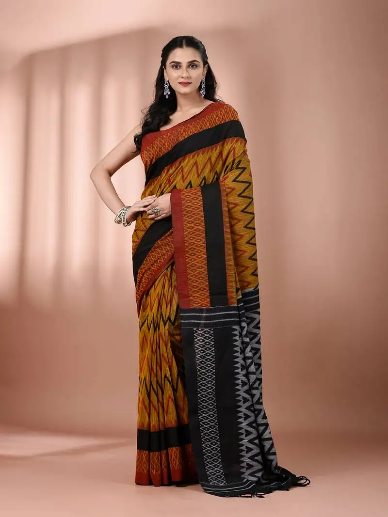 Mustard cotton handspun soft saree with ziczac pattern