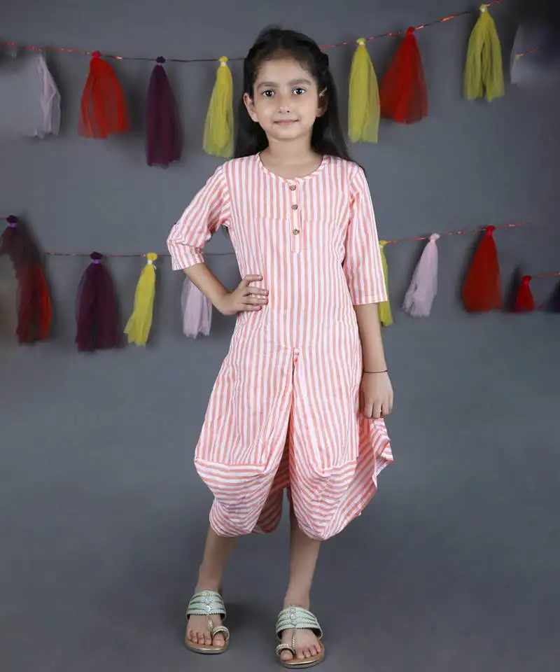Peach cotton woven dress for girls