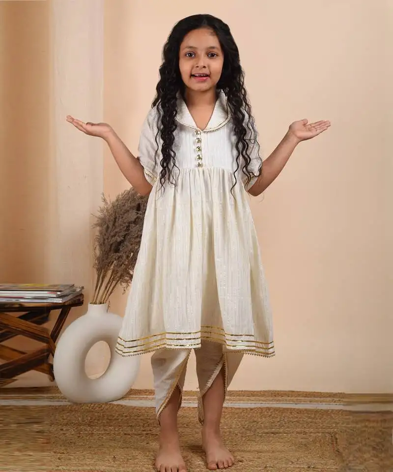 Ivory cotton woven kurta paired with dhoti