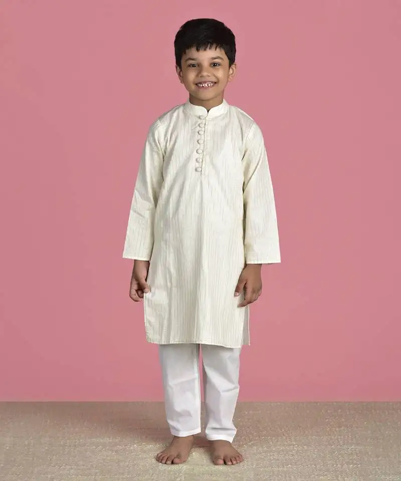 Ivory cotton woven boys kurta pyjama