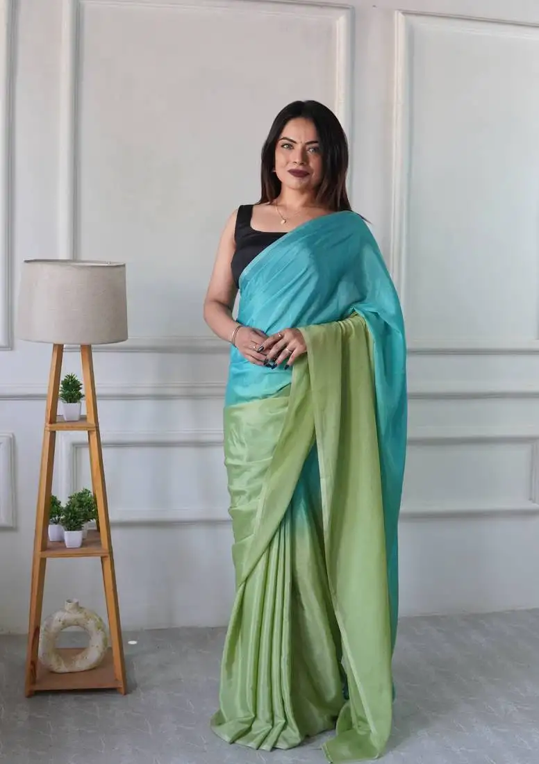 Aqua green chinon solid ready to wear saree