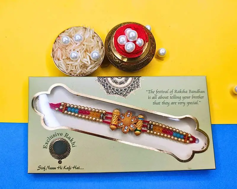Beaded cotton thread with ad stones & meenakari designer rakhi for brother