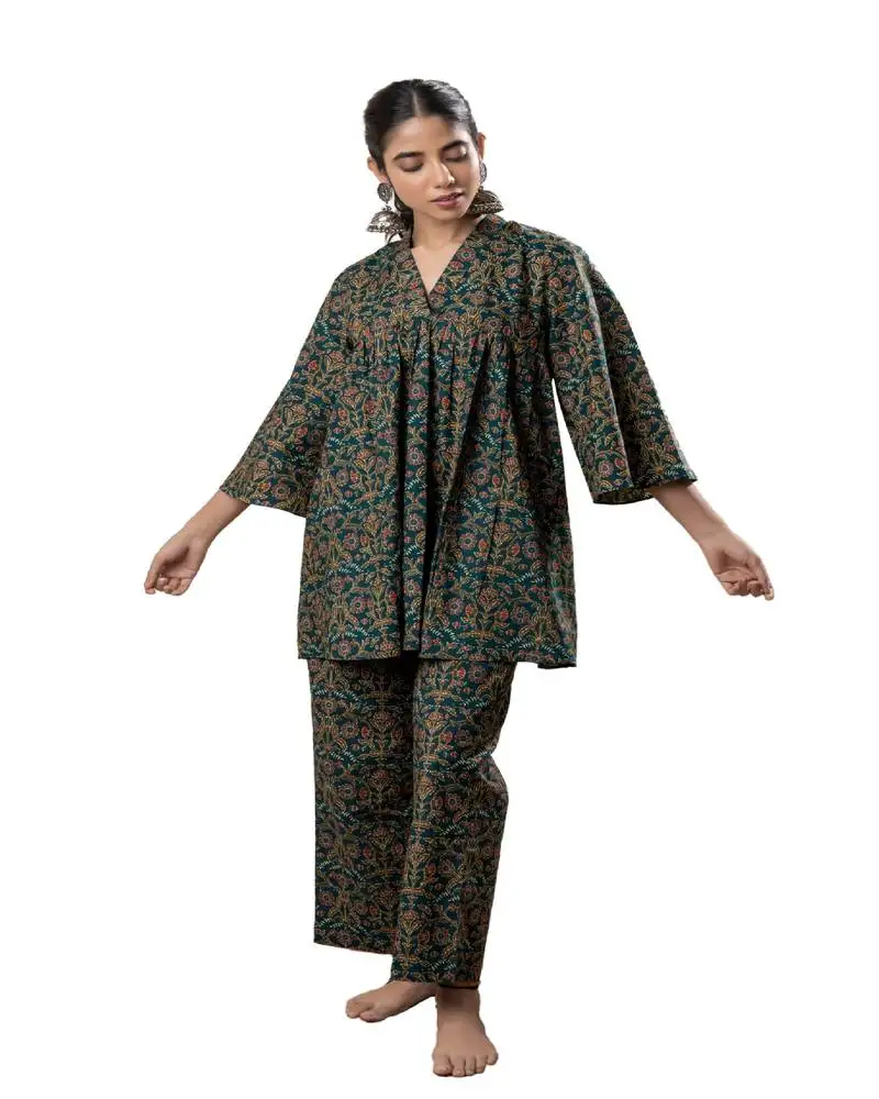 Green ajrakh cotton flared co-ordset