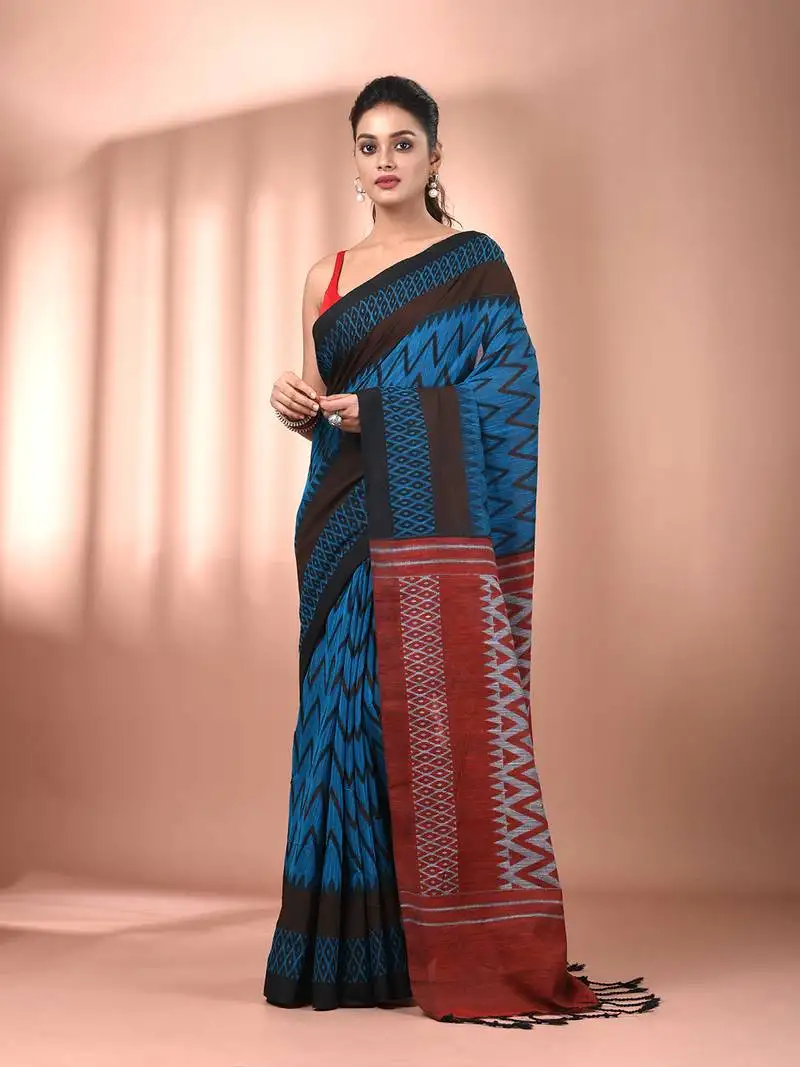 Sapphire blue cotton handspun soft saree with ziczac pattern